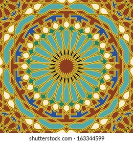 Arabic Seamless Pattern.  Ocher , red, green, blue colors. Traditional Morocco Arabic Islamic background.