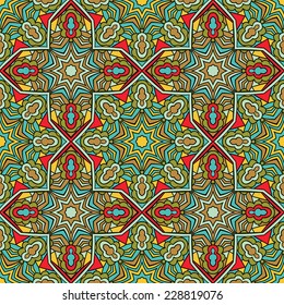 Arabic seamless pattern stained glass style. Geometric pattern with abstract ethnic forms and stars. Symmetric mandalas motif for tribal ornament. Endless background. Vector file is EPS8.