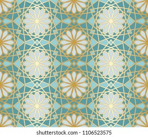 Arabic seamless pattern. Traditional Islamic mosque window with gold grid mosaic. Vector illustration. 