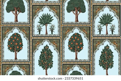 Arabic seamless pattern with windows and trees. Vector