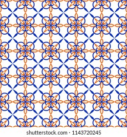 Arabic seamless vector pattern. Blue ond orange on white background print for textile