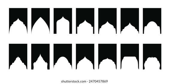 Arabic shapes windows and arches traditional ornament. Set of Islamic shape window frame in retro boho color. Vector
