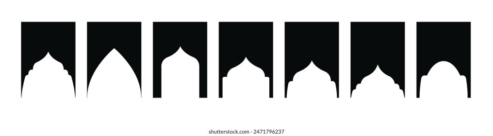 Arabic shapes windows and arches traditional ornament. Set of Islamic shape window frame in retro boho color. Vector