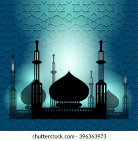 Arabic shiny background. Mosque silhouette on shiny islamic ornament with shadow. Blue backdrop. abstract vector illustration