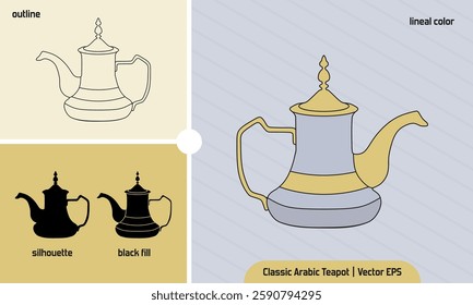 Arabic Stainless Steel Teapot in classic design. 4 flat icons style : lineal color, outline, black fill, silhouette. Ramadan Element vector illustration.