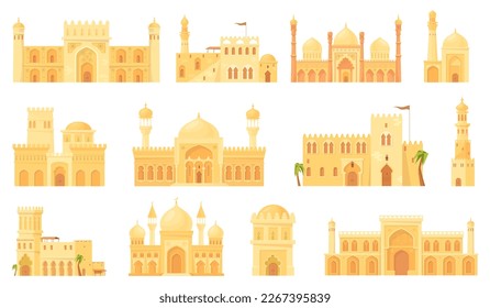 Arabic stone houses. Ancient dubai building, traditional islam architecture ornament old morocco palais arabian heritage mud stall in africa desert, set neat vector illustration of house building east