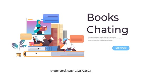 arabic students reading and chatting books with female arab teacher in web browser window online book club concept horizontal copy space vector illustration