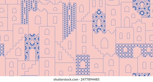 Arabic style cityscape seamless pattern. Moroccan style geometric shape houses, laces background.