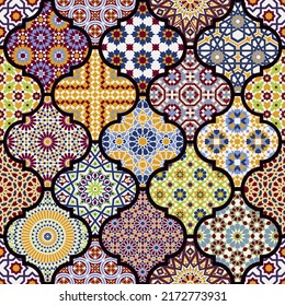 Arabic style decorative moroccan tiles patchwork colorful vector seamless pattern