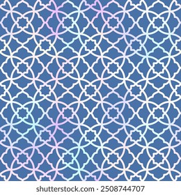 Gradiente de estilo árabe sin patrón. Ornamento oriental holográfico de Vector sobre fondo azul. Textura tradicional oriental para fondos, Fondos de pantalla, patrones textiles, decoración