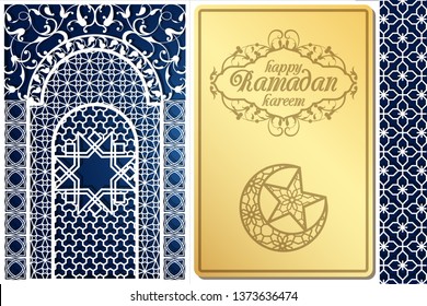 Arabic style greeting card design for laser cutting. Image for traditional Islamic holiday Ramadan kareem, uraza bayram, eid mubarak. Geometrical ornament and symbols of Muslim culture.