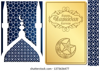 Arabic style greeting card design for laser cutting. Image for traditional Islamic holiday Ramadan kareem, uraza bayram, eid mubarak. Geometrical ornament and symbols of Muslim culture.