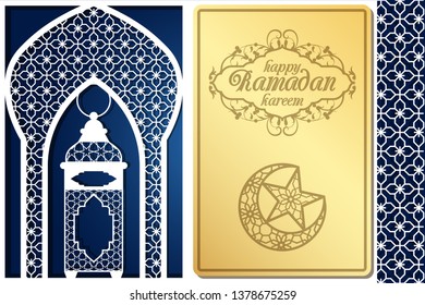 Arabic style greeting card design for laser cutting. Image for traditional Islamic holiday Ramadan kareem, uraza bayram, eid mubarak. Geometrical ornament and symbols of Muslim culture.