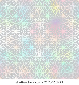 Arabic style seamless pattern. Vector shiny holographic oriental ornament on grey background. Islamic traditional texture for backgrounds, wallpapers, textile patterns, decoration