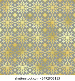 Arabic style seamless pattern. Vector shiny gold oriental ornament on grey background. Islamic traditional texture for backgrounds, wallpapers, textile patterns, decoration