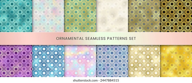 Arabic style seamless patterns set. Vector shiny holographic round oriental ornaments, abstract gold, blue, green gradient background. Islamic traditional textures for backgrounds, decoration.