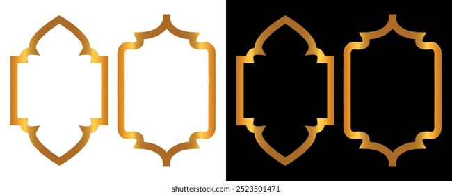 Fenster oder Bogen im arabischen Stil. Neue goldene islamische Rahmen. Vektorgrafik einzeln auf schwarz-weißem Hintergrund.
