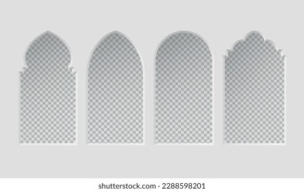 Arabic style windows Islamic arches arabesque door interior castle mosque set realistic vector illustration. Frames traditional Muslim entrance ornamental classic geometric door religious decor facade