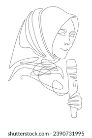 Arabic successful woman, Muslim women in hijab with a microphone, hand-drawn line art feministic illustration for boutique fashion or business. Vector illustration