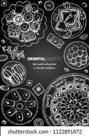 Arabic sweet food. Oriental sweets vector illustration. Middle eastern food, hand drawn sketch. Linear graphic. Food menu background.