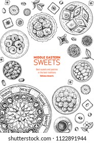 Arabic sweet food. Oriental sweets vector illustration. Middle eastern food, hand drawn sketch. Linear graphic. Food menu background.