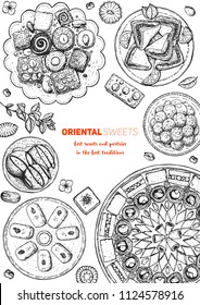 Arabic sweet food. Oriental sweets vector illustration. Middle eastern food, hand drawn sketch. Linear graphic. Food menu background.