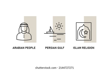 Arabic symbols line icon set. Muslim man avatar. Islam religion emblem. Ship on the sea. Vector illustration 