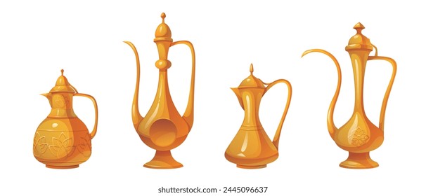 Arabic tea or coffee pot with traditional ornament. Cartoon vector illustration set of Arabian metal kettle of different shapes with antique heritage pattern. Oriental golden or copper pitcher.