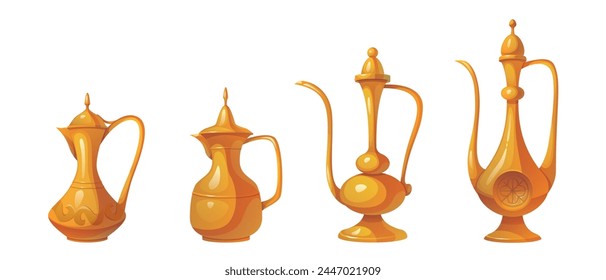 Arabic tea or coffee pot with traditional ornament. Cartoon vector illustration set of Arabian metal kettle of different shapes with antique heritage pattern. Oriental golden or copper pitcher.