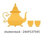 Arabic tea pot. Golden vintage middle east vessel and cups for hot drink. Precious metal  tableware with ornaments. Minimalist flat vector illustration. Isolated