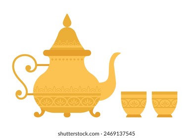 Arabische Teekanne. Goldenes Vintage-Nahost-Gefäß und Tassen für Heißgetränk. Edelmetallgeschirr mit Ornamenten. Minimalistische flache Vektorillustration. isoliert