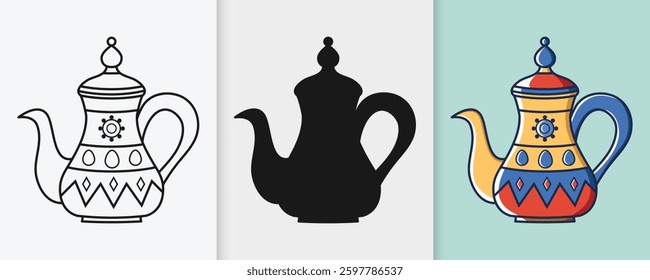 Arabic tea pot kettle outline and silhouette icon set with isolated flat vector illustration for eid celebration