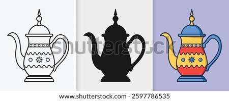Arabic tea pot kettle outline and silhouette icon set with isolated flat vector illustration for eid celebration