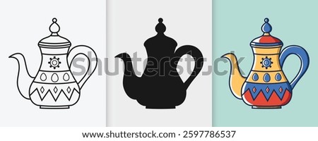Arabic tea pot kettle outline and silhouette icon set with isolated flat vector illustration for eid celebration