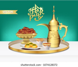 Arabic Tea Set With Bowl Of Dates. Ramadan Iftar Party Food. 3d Vector Illustration