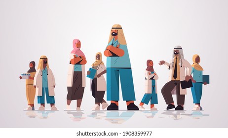 arabic team of medical professionals arab doctors in uniform standing together medicine healthcare concept horizontal full length vector illustration