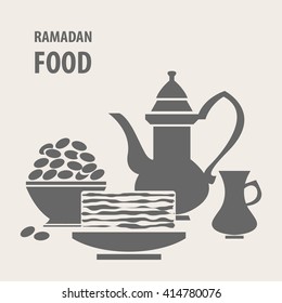 Arabic teapot. Iftar (muslim fasting) party. Turkish sweet dishes. Islamic festive meal. Ramadan Kareem vector background.