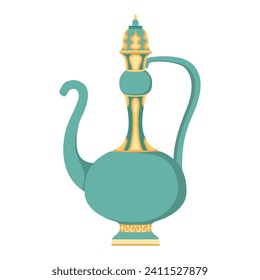 Arabic Teapot Isolated on white. Golden dallah. Kitchen arabical treasure, gold pot for coffee tea, heritage. Turkish coffee. Metal utensils for brewing tea. Vector flat illustration.