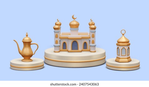 Arabic teapot, mosque, lantern on round podiums. Luxurious decorative elements, symbols of Muslim holiday. Concept of Eastern religion. 3D illustration with metallic shine