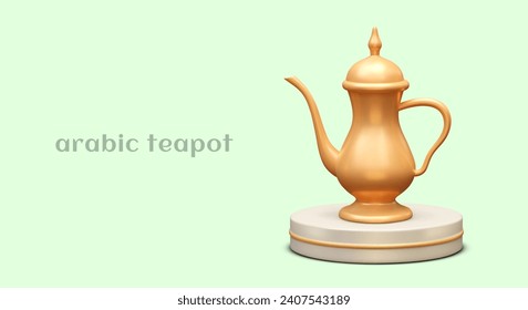Tetera árabe en un stand redondo. Dallah dorado. Utensilios metálicos para preparar té. Servicio refinado. Afiche publicitario de Teahouse sobre fondo verde. Espacio para texto, direcciones