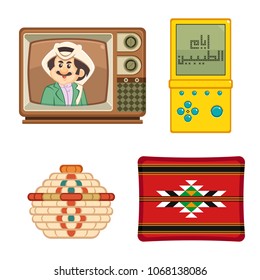 Arabic text : the good old days , traditional heritage icons in Arab gulf countries ( United Arab Emirates UAE  Saudi Arabia ksa  Bahrain  Kuwait Qatar and Oman )   isolated vector 