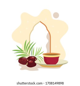Arabic text Ramadan Kareem means the holy of month ramadan background. Iftar party composition with traditional dried dates and coffee design vector illustration.
