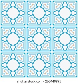Arabic tile background. Seamless geometric pattern in traditional islam culture colors. Repeatable stylized orient square motif. Vector file is EPS8.