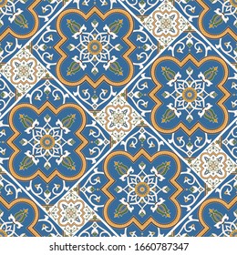 Arabic tile pattern vector seamless with arabesque parquet motifs. Portuguese azulejo, mexican talavera, italian sicily majolica or spanish ceramic. Texture for kitchen wall or bathroom floor.