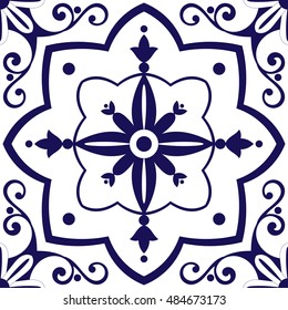 Arabic tiles pattern vector with blue and white flowers ornaments. Portuguese azulejo, mexican, spanish or moroccan motifs. Tiled background for wallpaper, surface texture, wrapping or fabric.