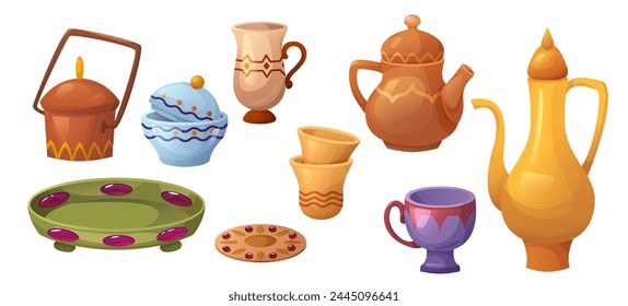 Arabic traditional crockery with symbols and ornament. Cartoon vector illustration set of oriental kitchen utensil with antique patterns - teapot and cups, bowls and plates, platter with decorations.