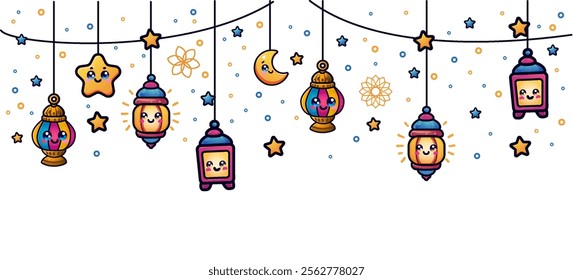 Arabic traditional Cute Ornament islamic Ramadan Kareem eastern lanterns garland. Muslim ornamental hanging golden lanterns, stars and moon vector illustration. Islamic oriental garland