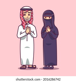 Arabic traditional dress couple. Cartoon illustration style