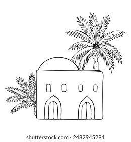 Arabic traditional house with palm trees line vector illustration. Simple black and white Middle East hut in Jordan, Egypt, Saudi Arabia or Morocco for Biblical scenes