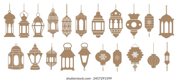 Arabic traditional islamic eastern lanterns garland. Muslim ornamental hanging golden lanterns, lamps vector illustration.